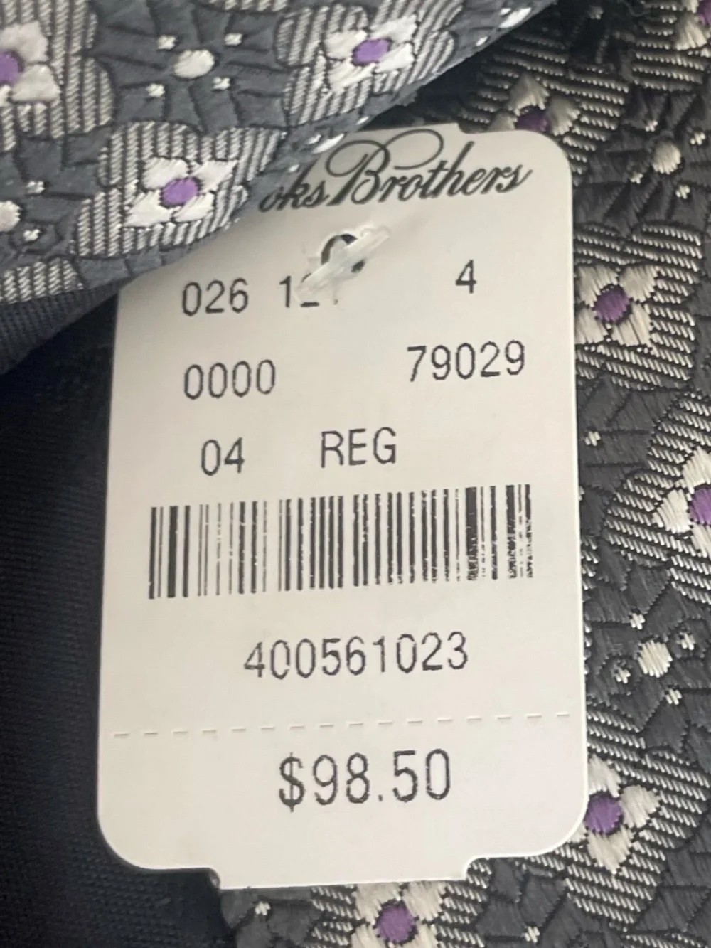 NWT Brooks Brothers Silk Gray and Purple Tie with Geometric Floral-Type Pattern